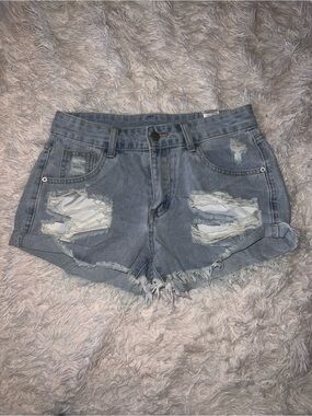 Denim Distressed Ripped High-Waist Women’s Shorts - Light Blue